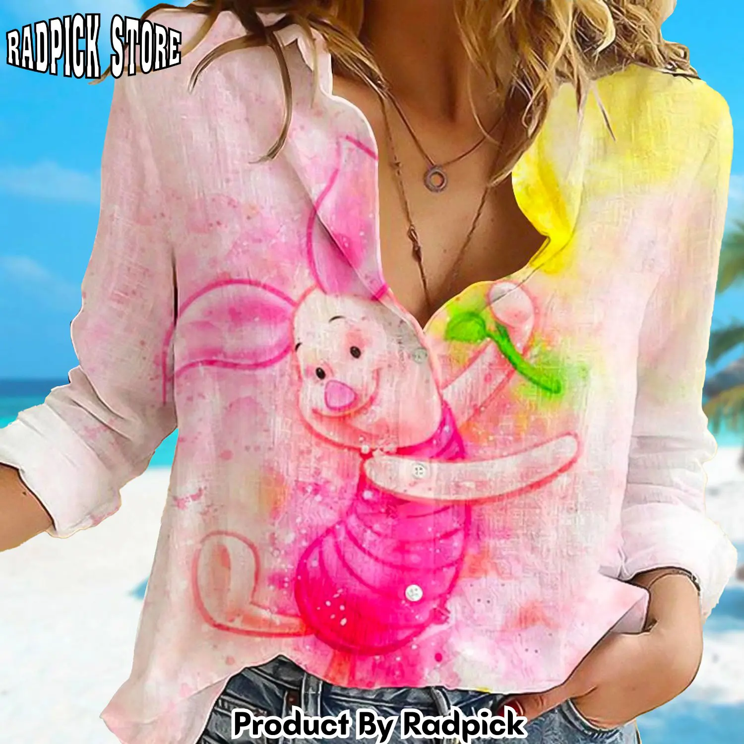 Radpick watercolor pig linen tshirt pig women casual shirt movie linen button shirt cartoon linen blouses shirt magic kingdom family trip gi rp66219